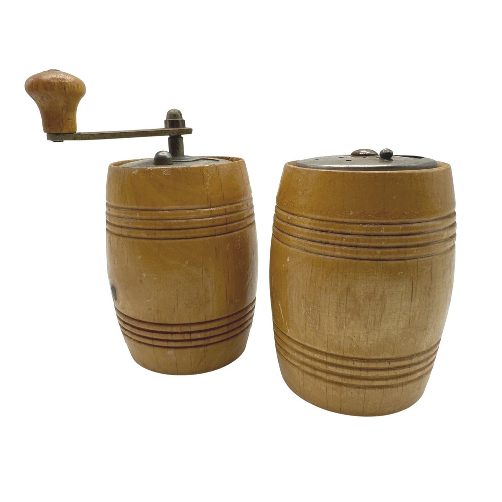 Vintage Made in Italy Wood Barrel Salt Shaker and Pepper Mill Grinder Set